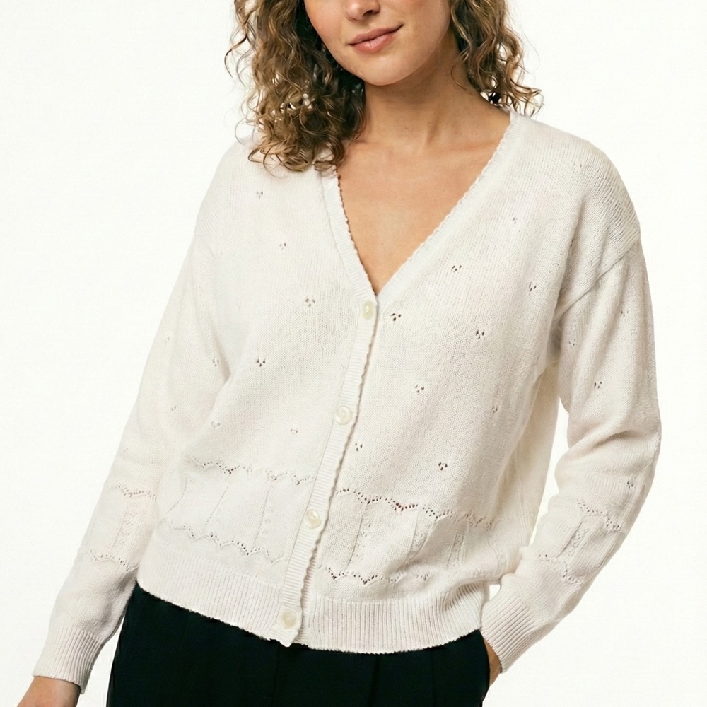 Willow Ridge White Eyelet Knit V-Neck Cardigan Large Cotton Vintage Style